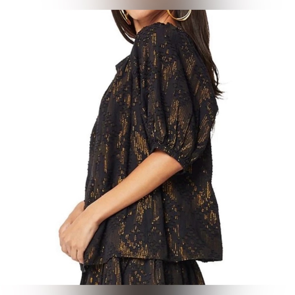 Roller Rabbit Black Gold Metallic Blouse Womens Top XS Holiday Boho Cotton - Picture 2 of 10